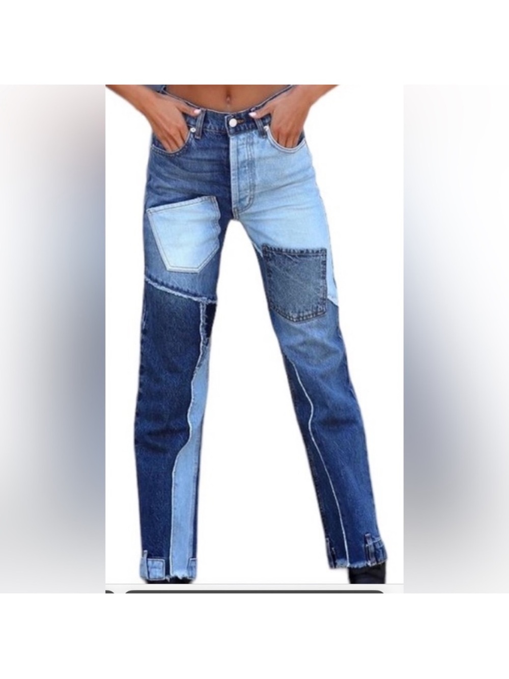 REVICE Patchwork Two-Tone Blue Straight Jeans